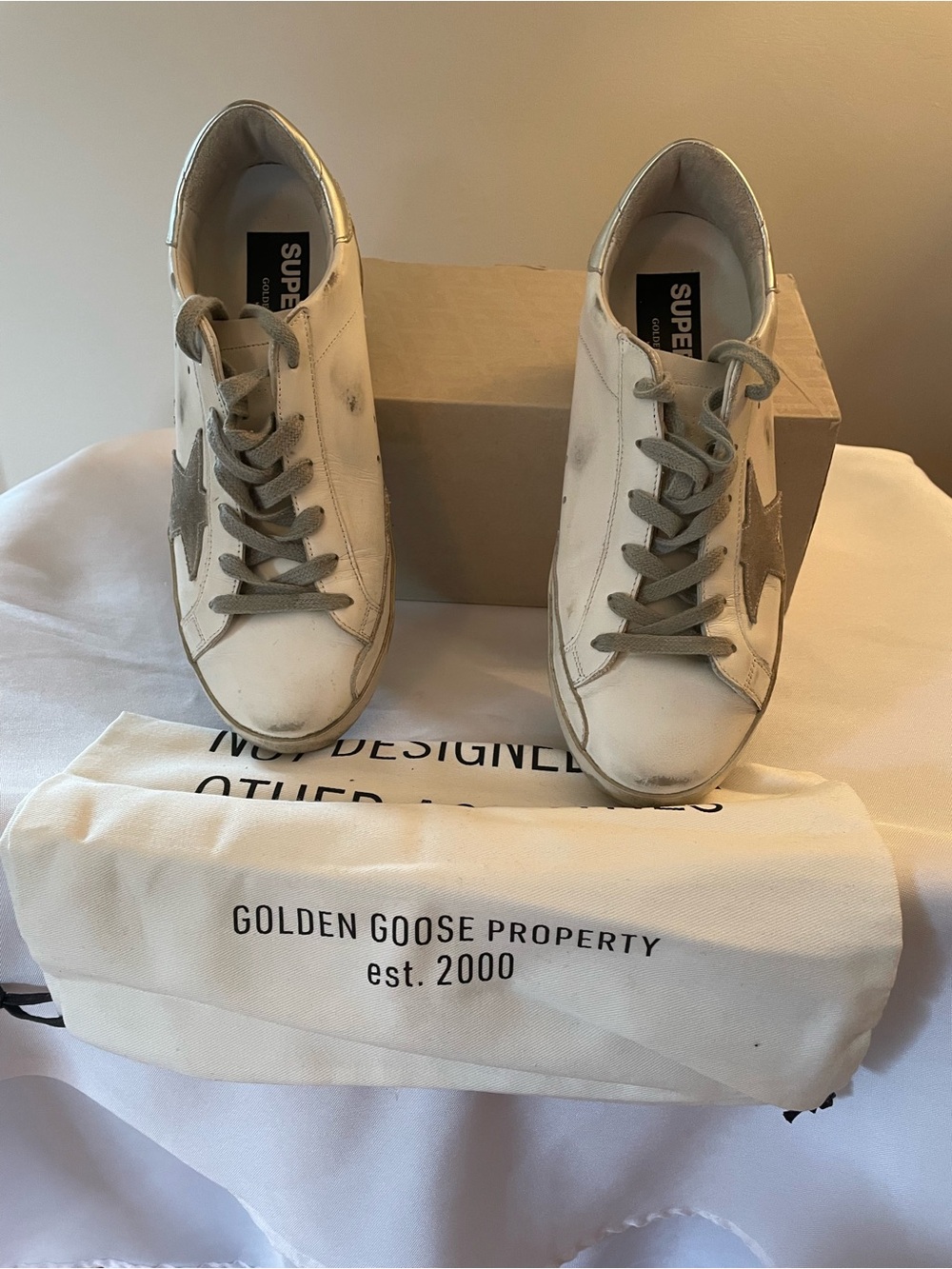 Golden Goose White Leather Sneakers with Gray Star Detail